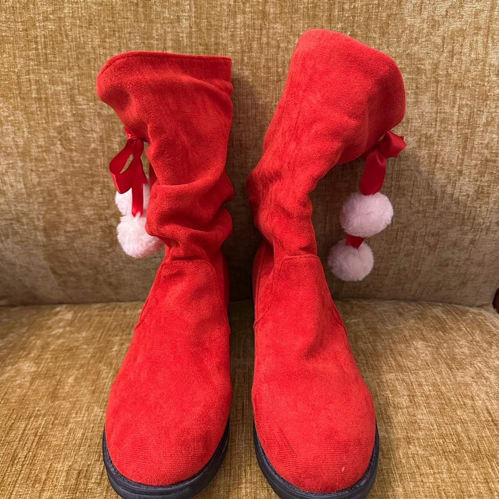 Red Suede Women's Christmas Boots with Pom Poms